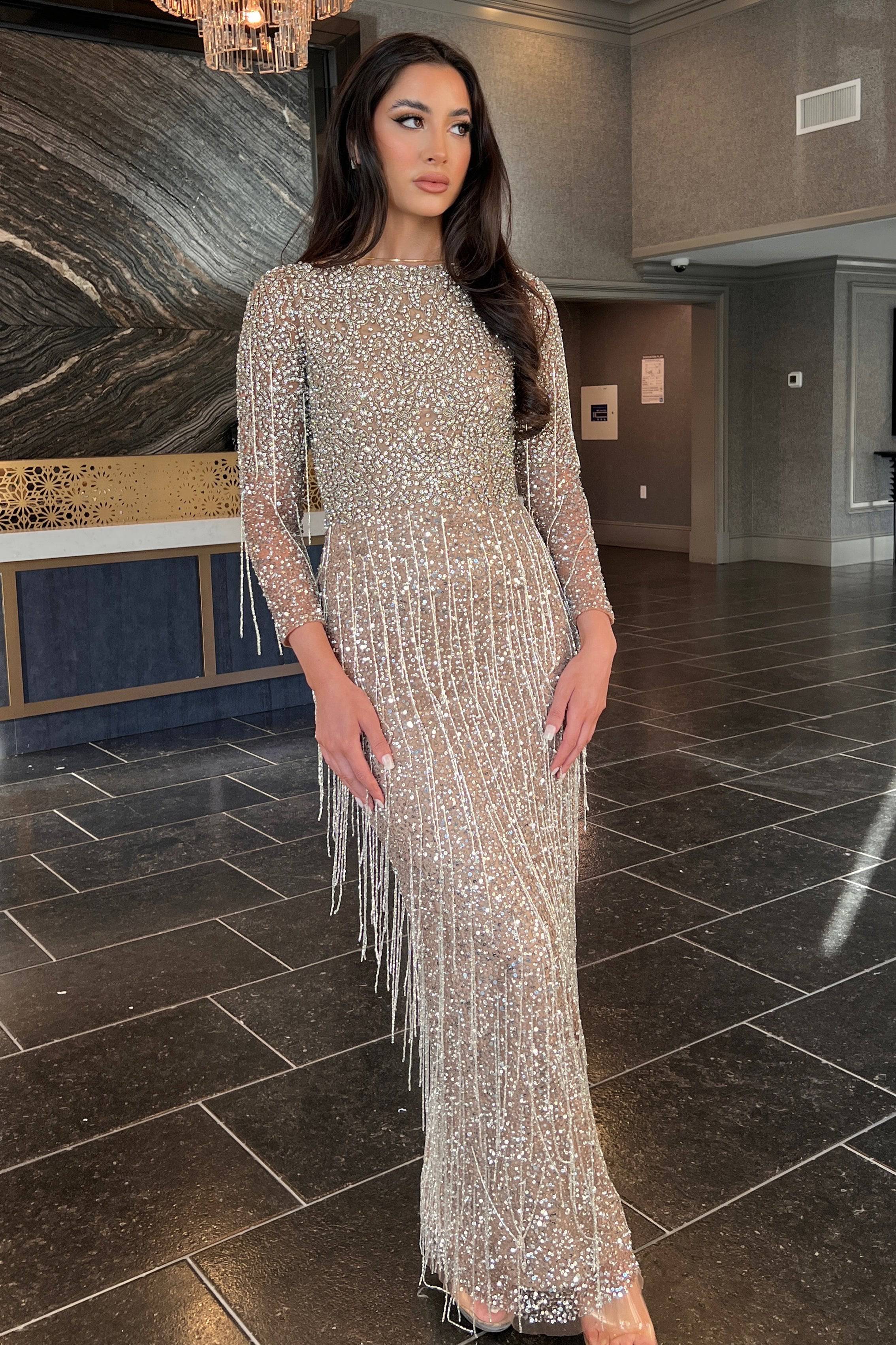 Aleya Long Sleeve Beaded Dress | Modest Evening Wear by Iyza Belaar Nude/Silver / 20 Aleya Long Sleeve Beaded Dress | Modest Evening Wear by Iyza Belaar Nude/Silver / 20