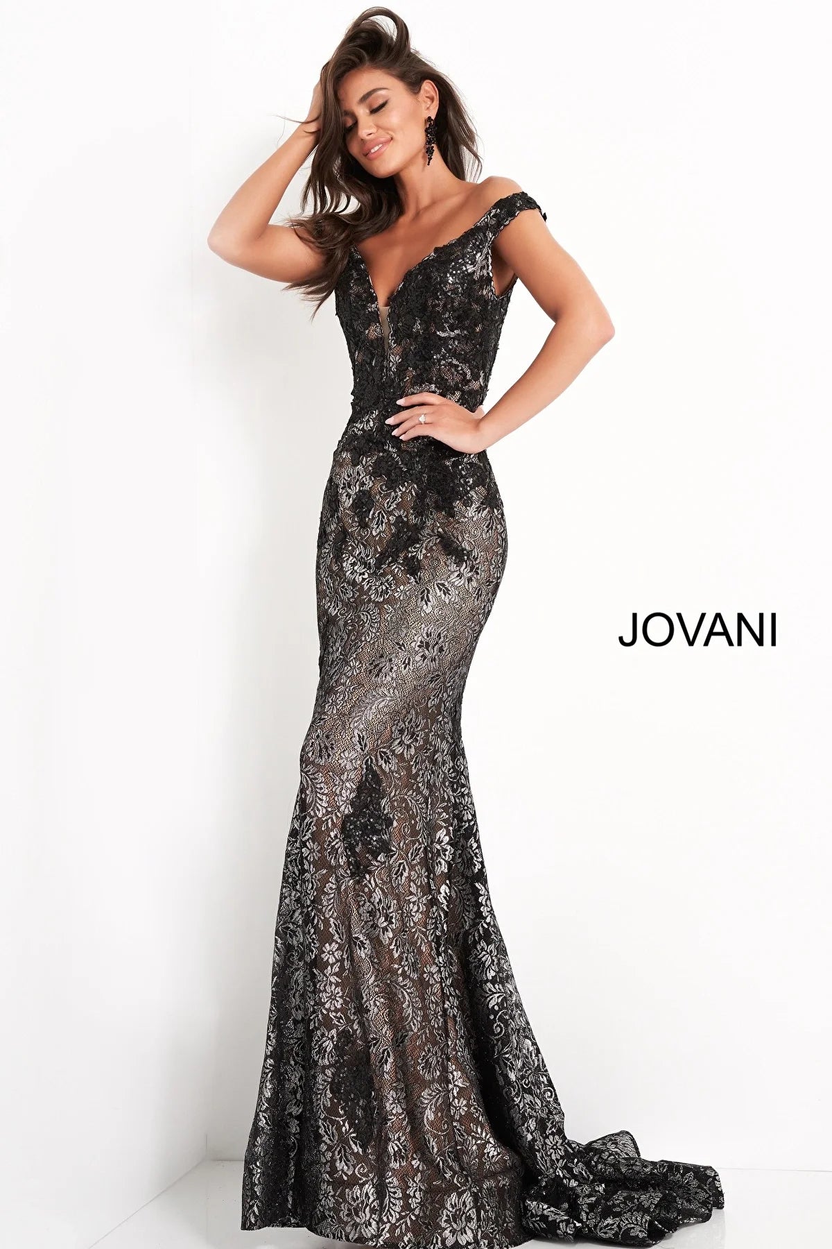 Jovani 06437 Off the Shoulder Lace Prom Dress