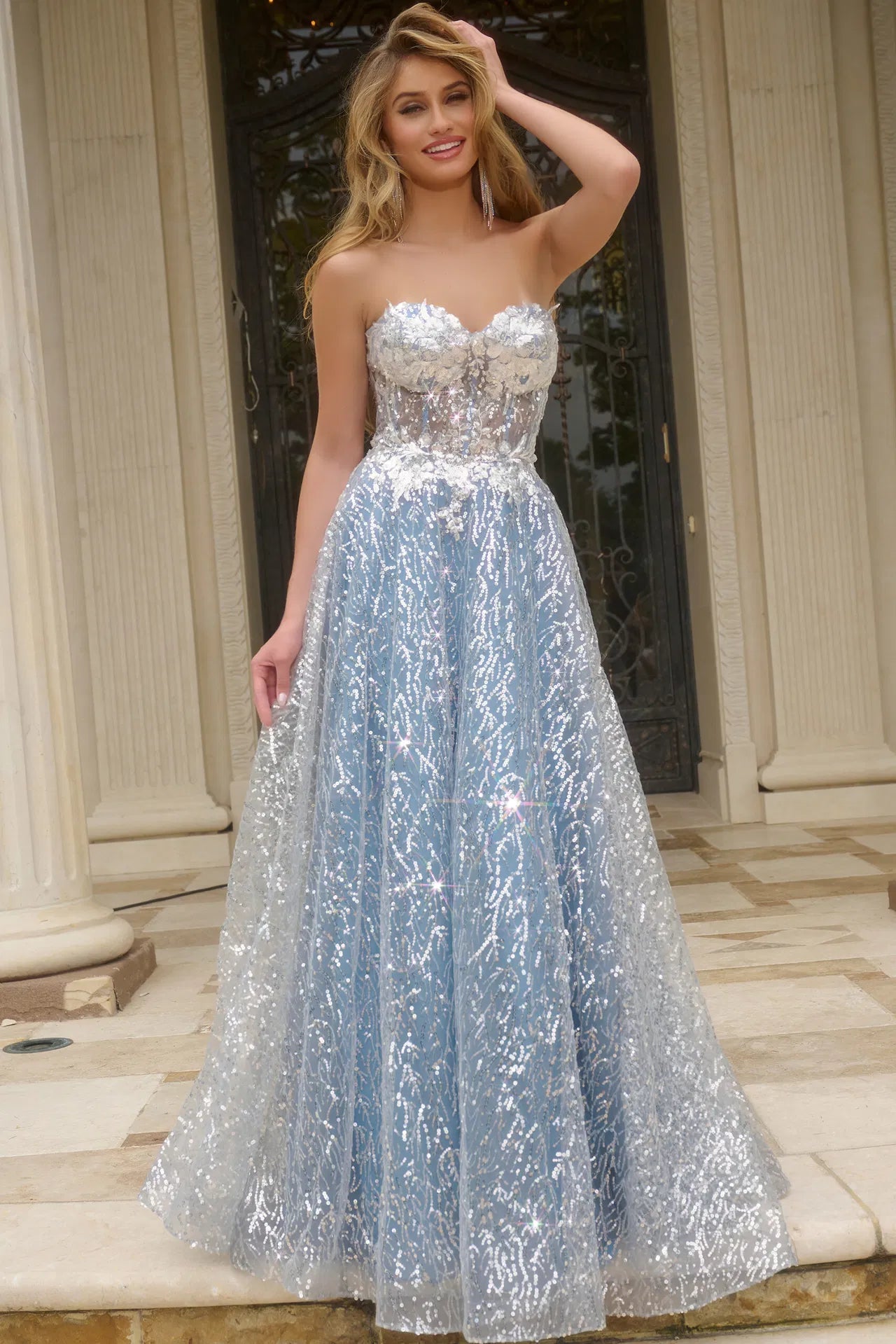 Jovani 08417 Strapless A-Line Gown with Sequin Overlay