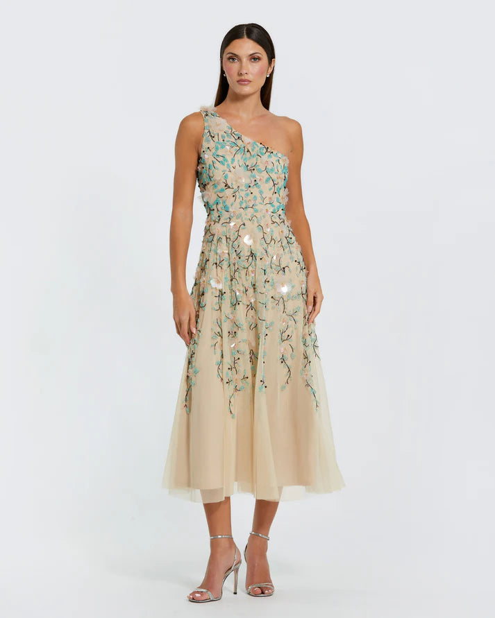 Mac Duggal 10086 Nude Multi Sequin Floral Embellished One Shoulder Midi Dress