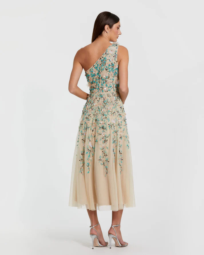 Mac Duggal 10086 Nude Multi Sequin Floral Embellished One Shoulder Midi Dress