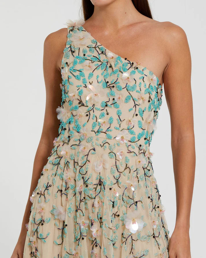 Mac Duggal 10086 Nude Multi Sequin Floral Embellished One Shoulder Midi Dress