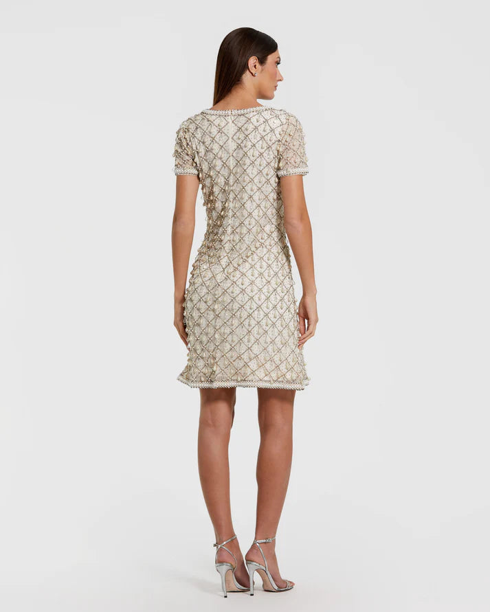 Mac Duggal 10097 Ivory Pearl Embellished Short Sleeve Crew Neckline Mini Dress