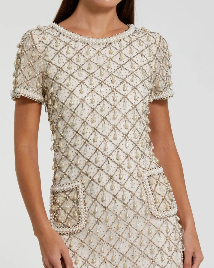 Mac Duggal 10097 Ivory Pearl Embellished Short Sleeve Crew Neckline Mini Dress