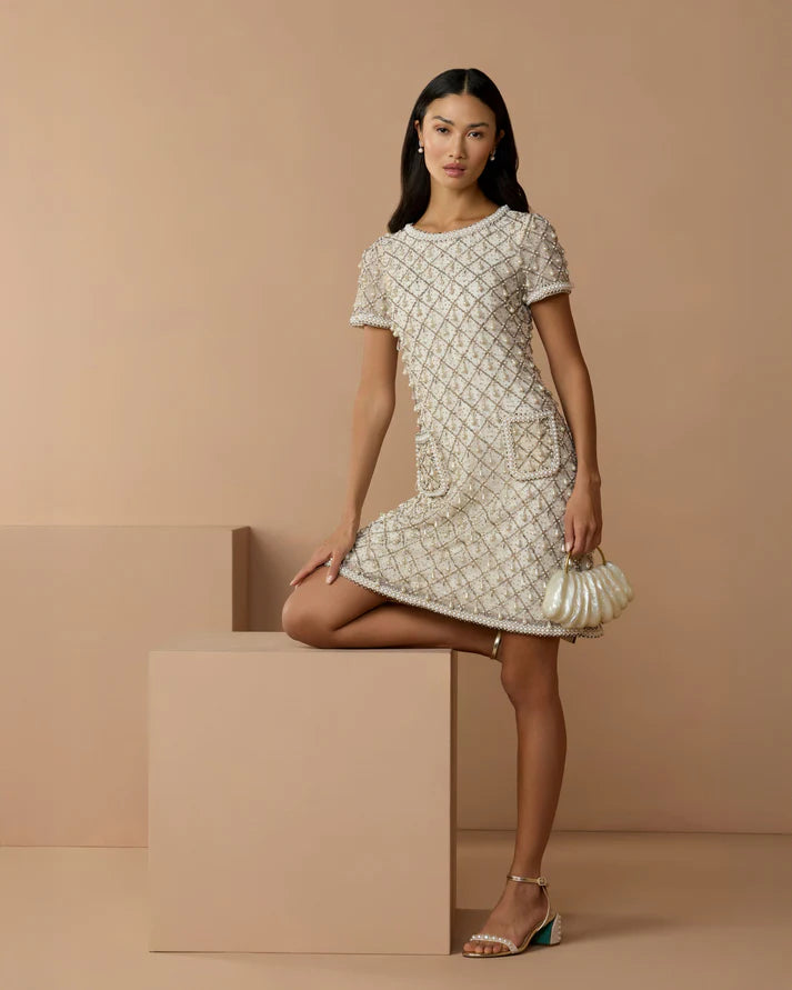 Mac Duggal 10097 Ivory Pearl Embellished Short Sleeve Crew Neckline Mini Dress