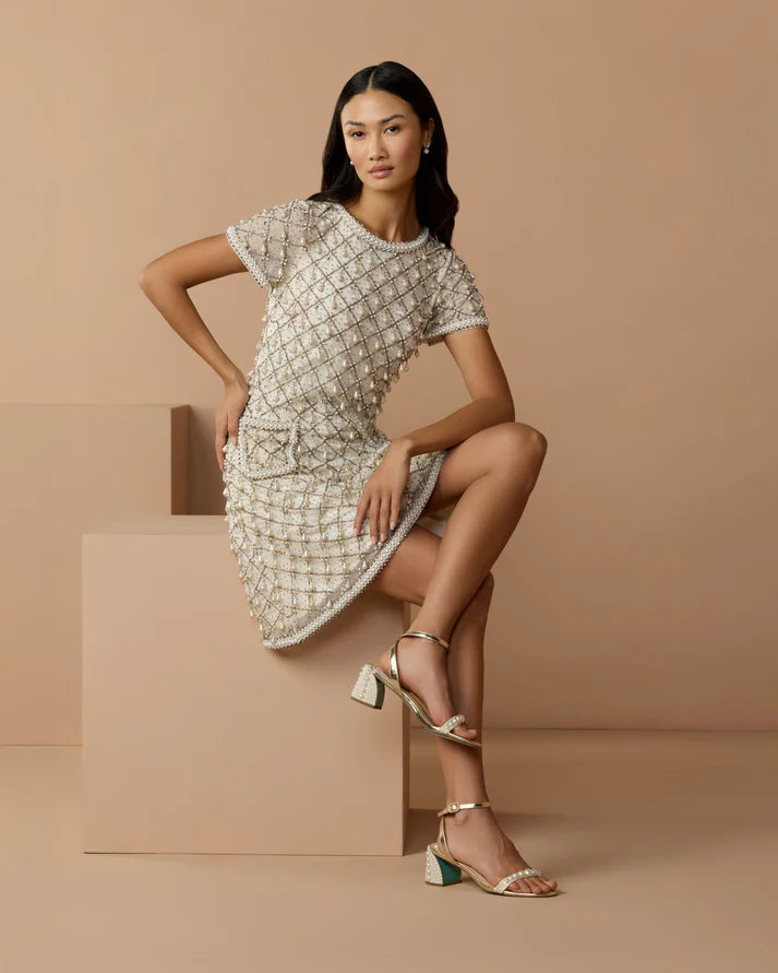 Mac Duggal 10097 Ivory Pearl Embellished Short Sleeve Crew Neckline Mini Dress