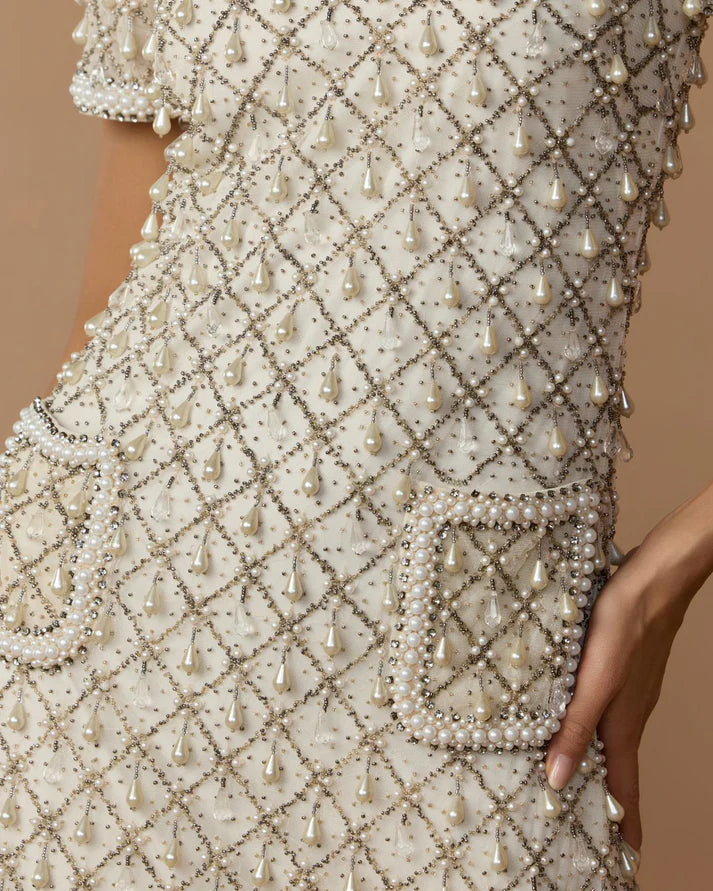 Mac Duggal 10097 Ivory Pearl Embellished Short Sleeve Crew Neckline Mini Dress
