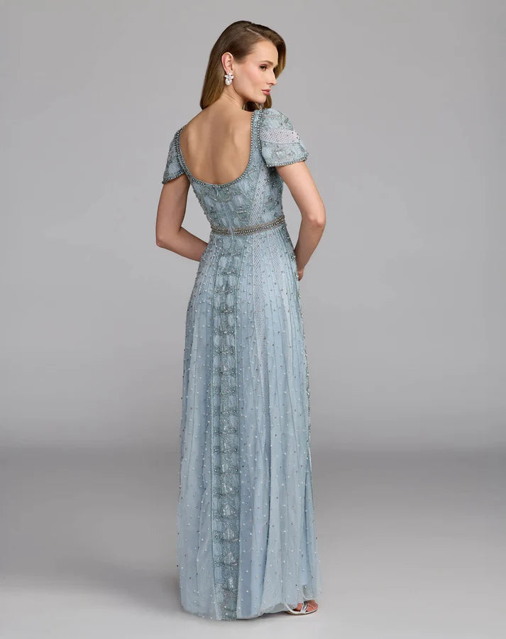 Mac Duggal 10116 Blue Short Sleeve Scoop Neck Rhinestone Embellished Gown