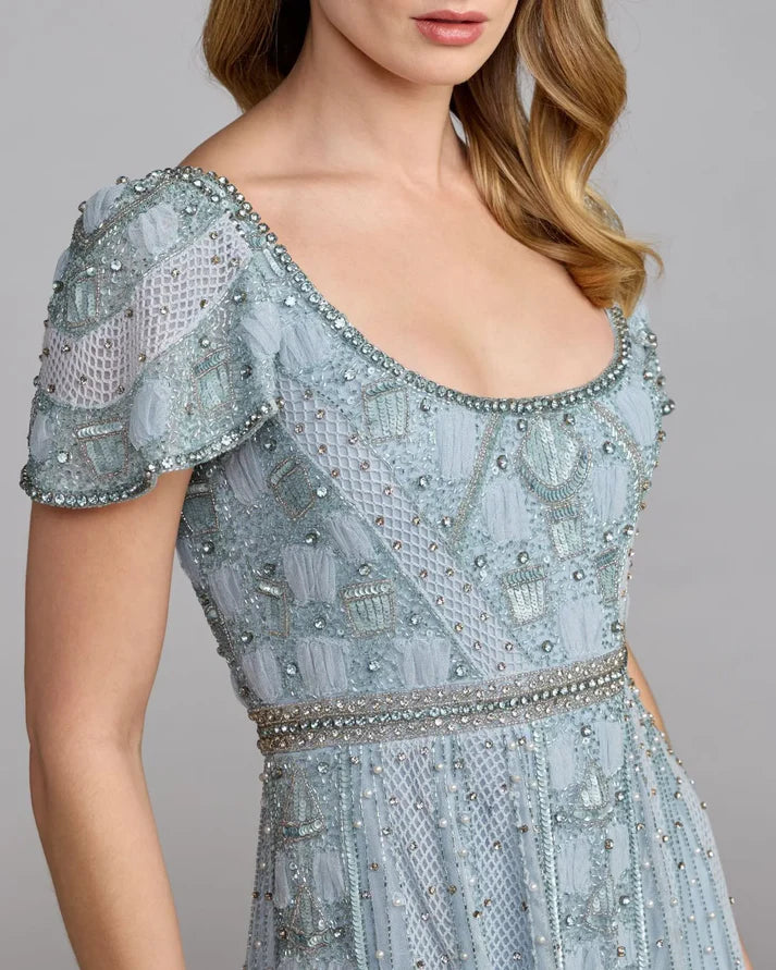 Mac Duggal 10116 Blue Short Sleeve Scoop Neck Rhinestone Embellished Gown
