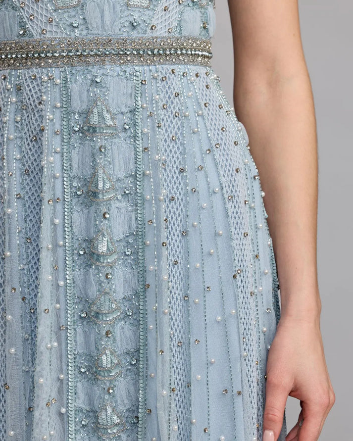 Mac Duggal 10116 Blue Short Sleeve Scoop Neck Rhinestone Embellished Gown