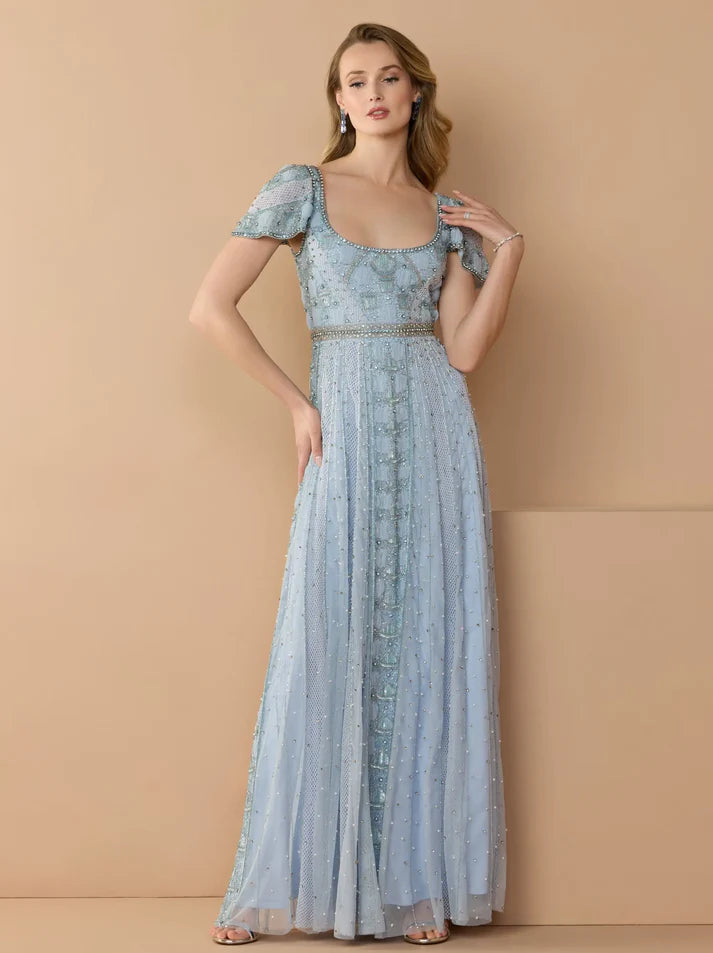 Mac Duggal 10116 Blue Short Sleeve Scoop Neck Rhinestone Embellished Gown