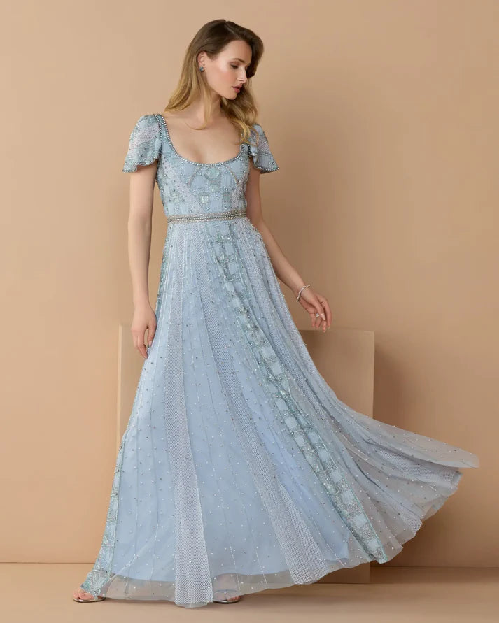 Mac Duggal 10116 Blue Short Sleeve Scoop Neck Rhinestone Embellished Gown