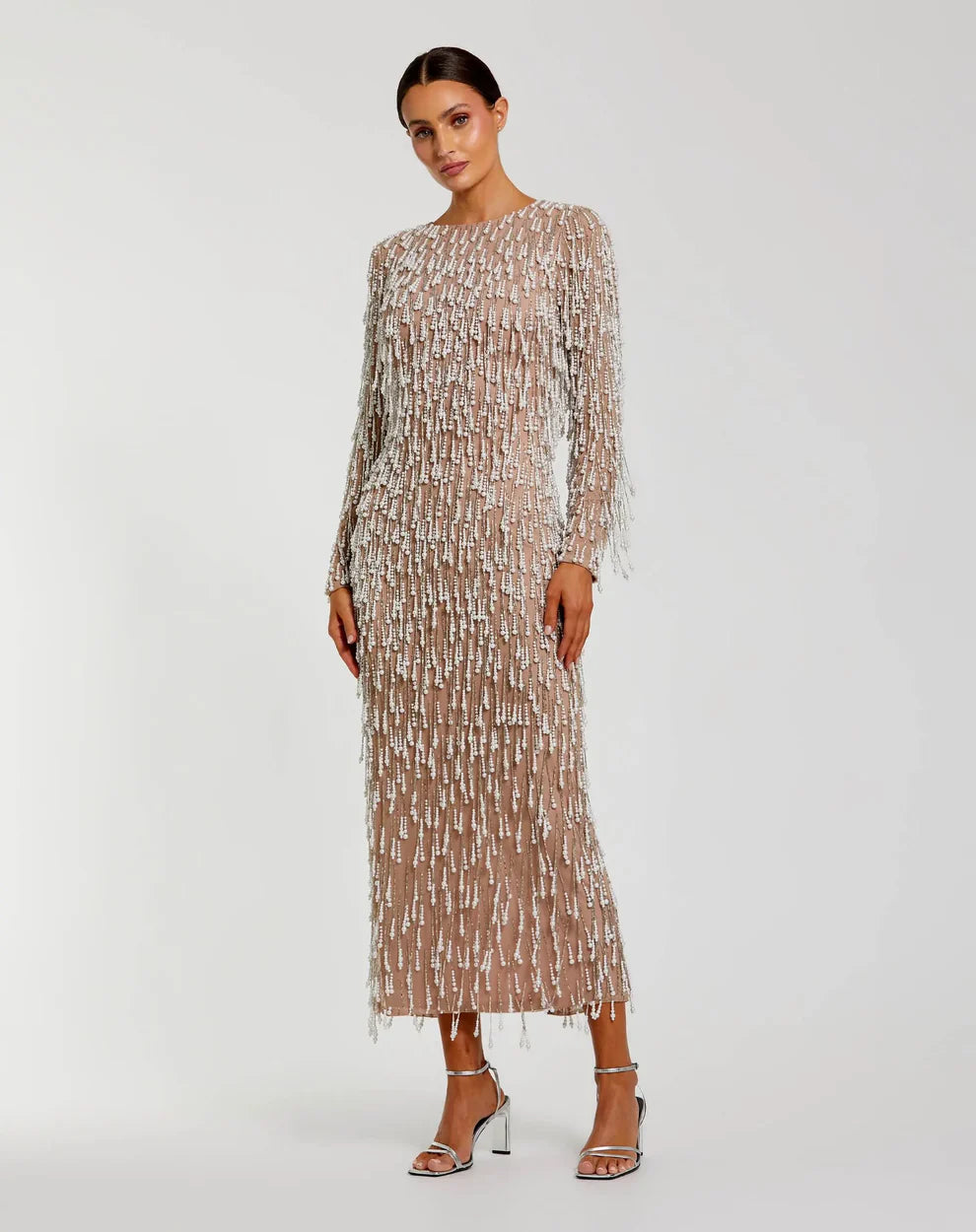 Mac Duggal 10120 Ivory Nude Long Sleeve Boat Neckline Midi Dress With Embellished Fringe