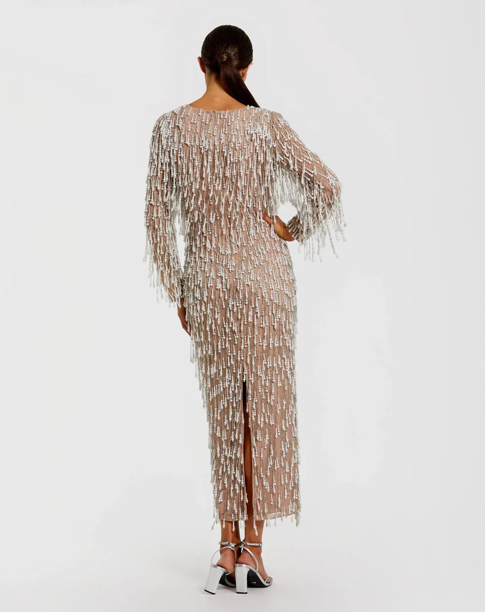 Mac Duggal 10120 Ivory Nude Long Sleeve Boat Neckline Midi Dress With Embellished Fringe