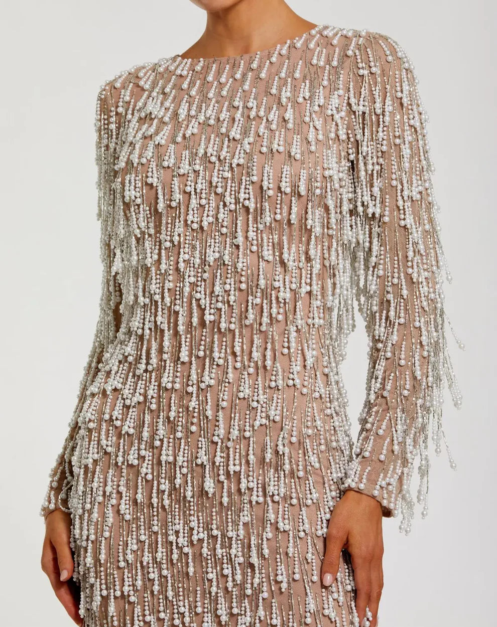 Mac Duggal 10120 Ivory Nude Long Sleeve Boat Neckline Midi Dress With Embellished Fringe