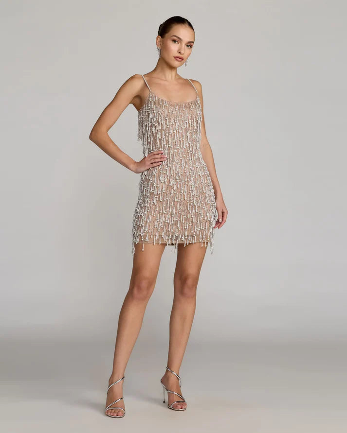 Mac Duggal 10121 Ivory Nude Embellished Spaghetti Straps Scoop Neckline Mini Dress