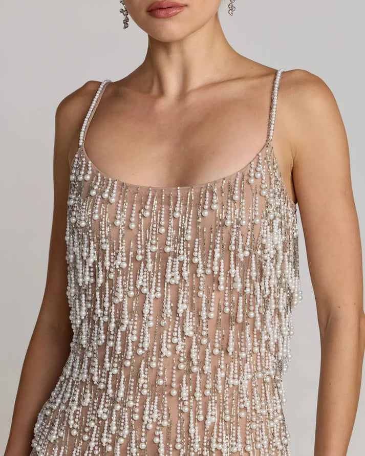 Mac Duggal 10121 Ivory Nude Embellished Spaghetti Straps Scoop Neckline Mini Dress