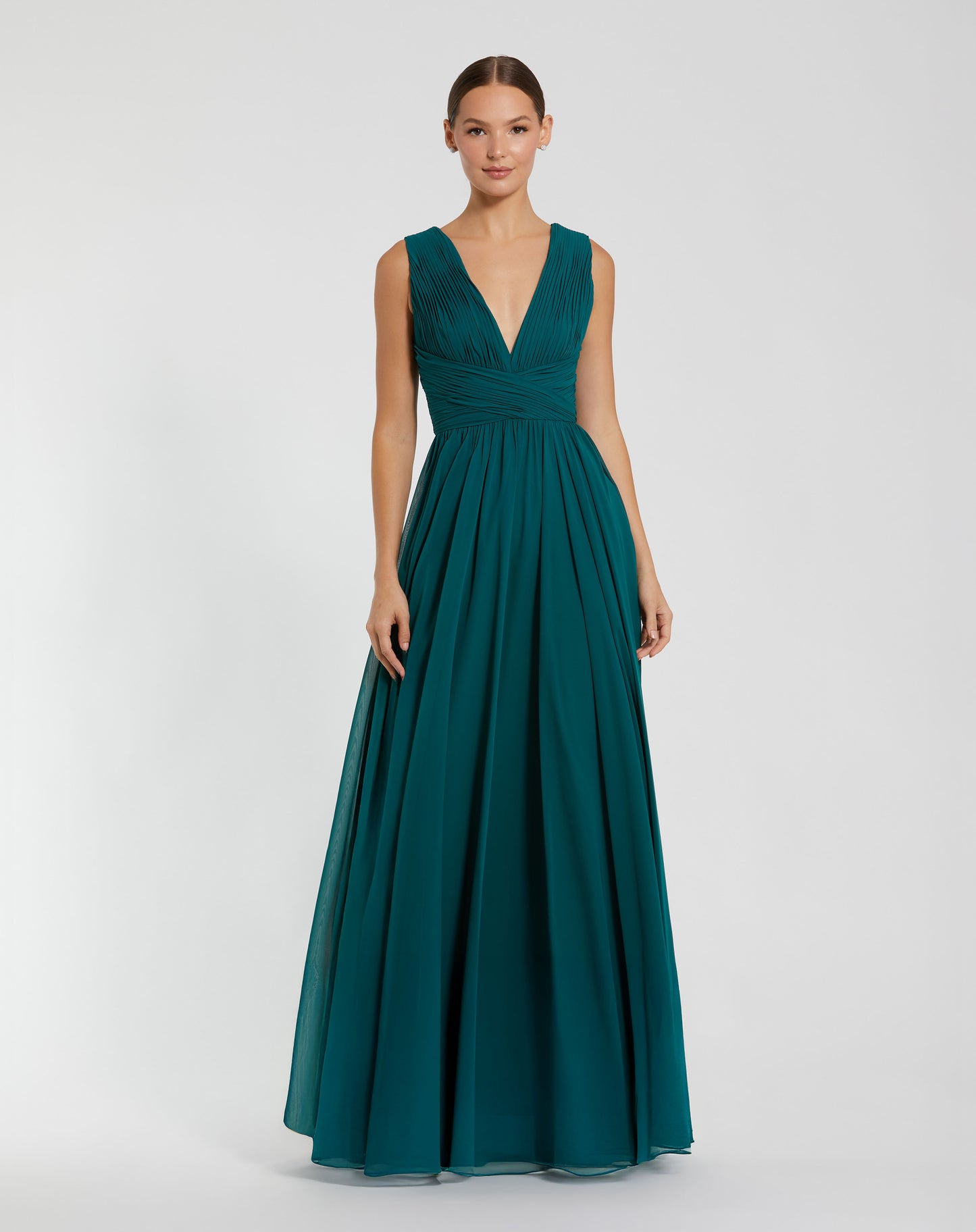 Mac Duggal 11585 Teal Sleeveless Ruched Plunging V Neck Chiffon Gown