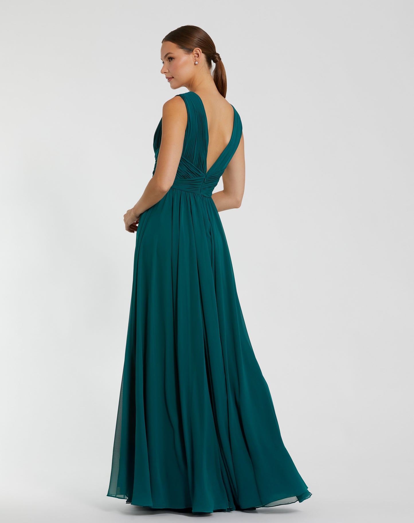 Mac Duggal 11585 Teal Sleeveless Ruched Plunging V Neck Chiffon Gown