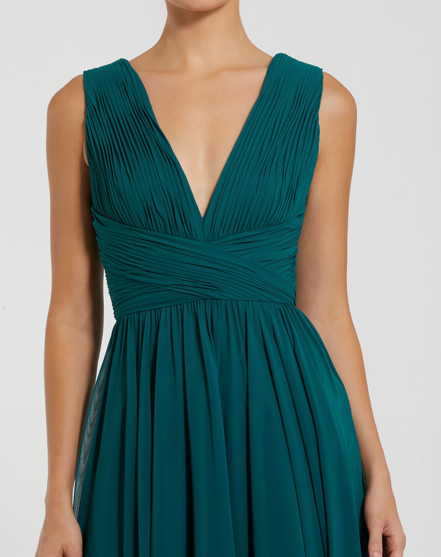 Mac Duggal 11585 Teal Sleeveless Ruched Plunging V Neck Chiffon Gown