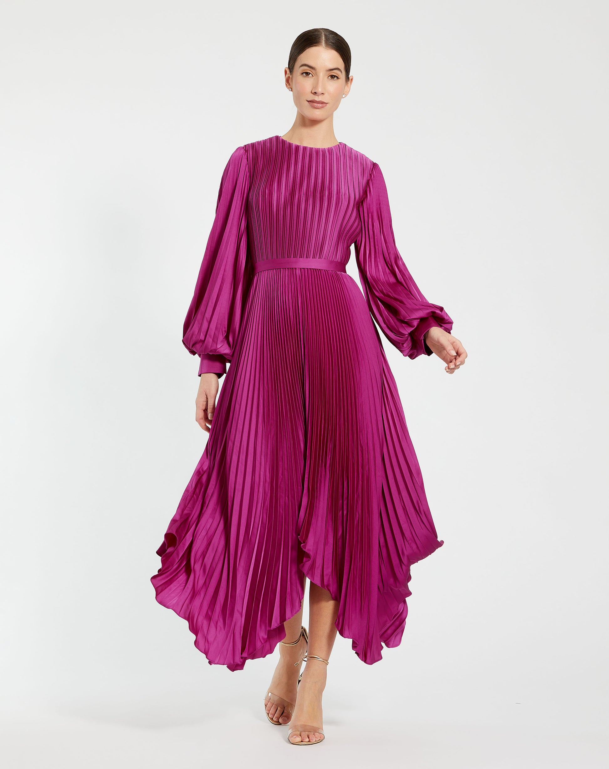 Mac Duggal 11638 Purple Long Sleeve Pleated Charmeuse Handkerchief Dre – B Chic Fashions
