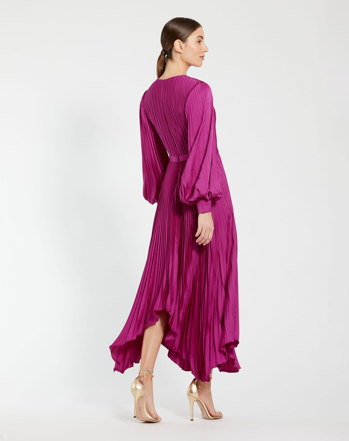 Mac Duggal 11638 Long Sleeve Pleated Charmeuse Handkerchief Dress