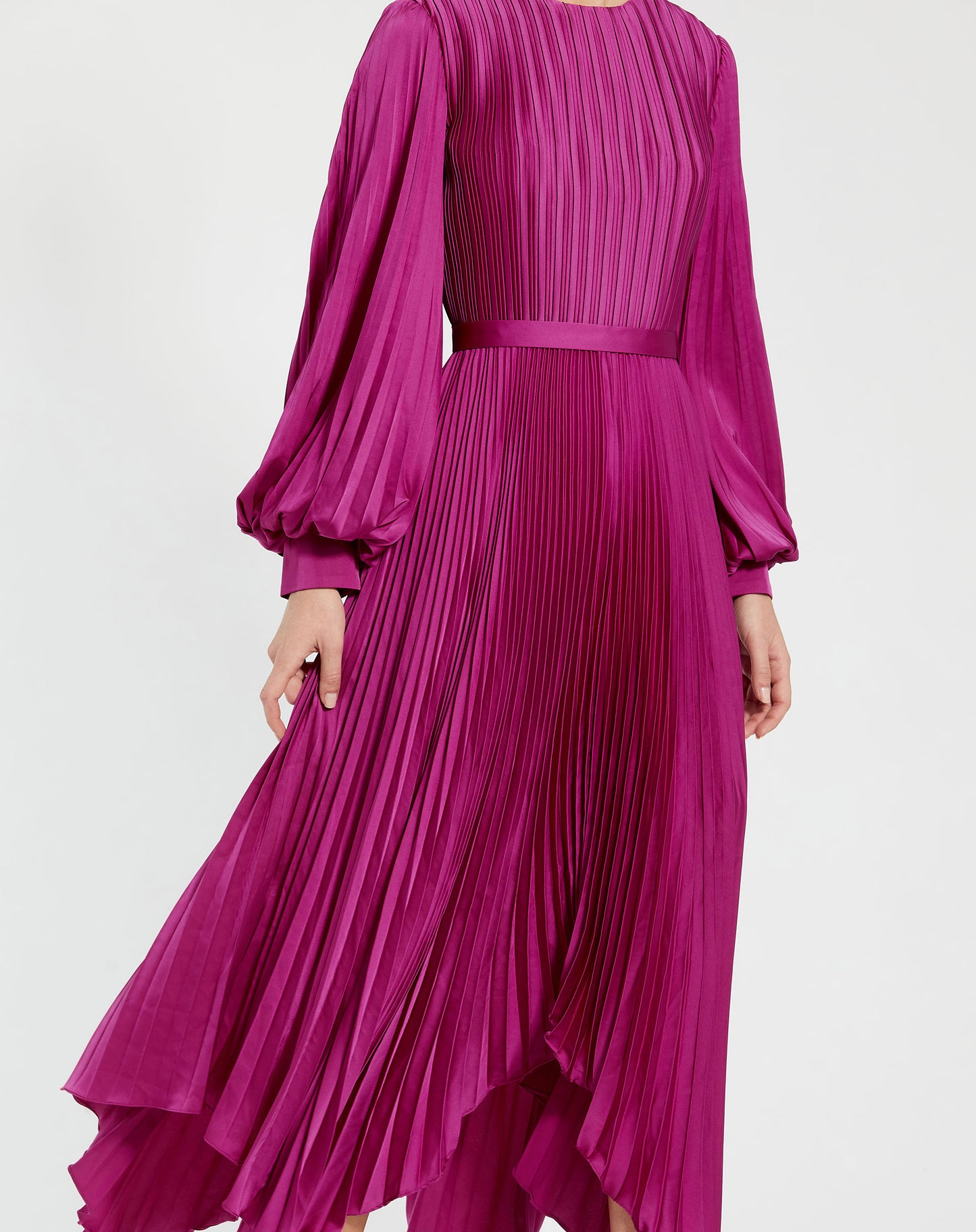 Mac Duggal 11638 Long Sleeve Pleated Charmeuse Handkerchief Dress