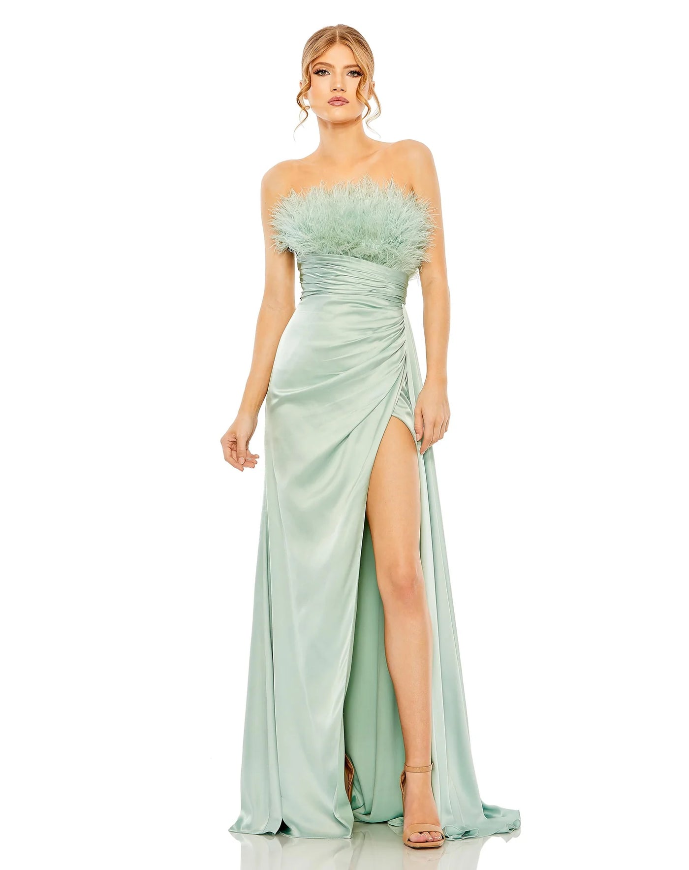 Mac Duggal 11690 Strapless Feather Detail Satin Gown B Chic Fashions Long Dress Evening Gowns