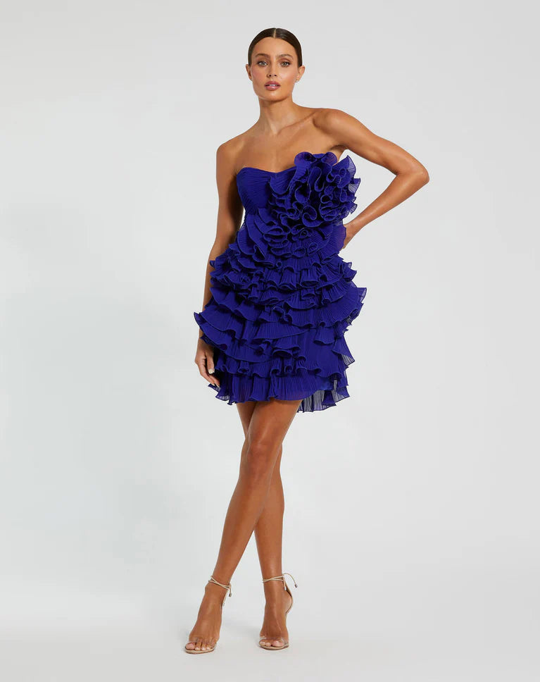 Mac Duggal 11766 Blue Strapless Pleated Chiffon Ruffle Mini Dress