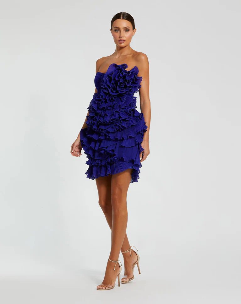 Mac Duggal 11766 Blue Strapless Pleated Chiffon Ruffle Mini Dress