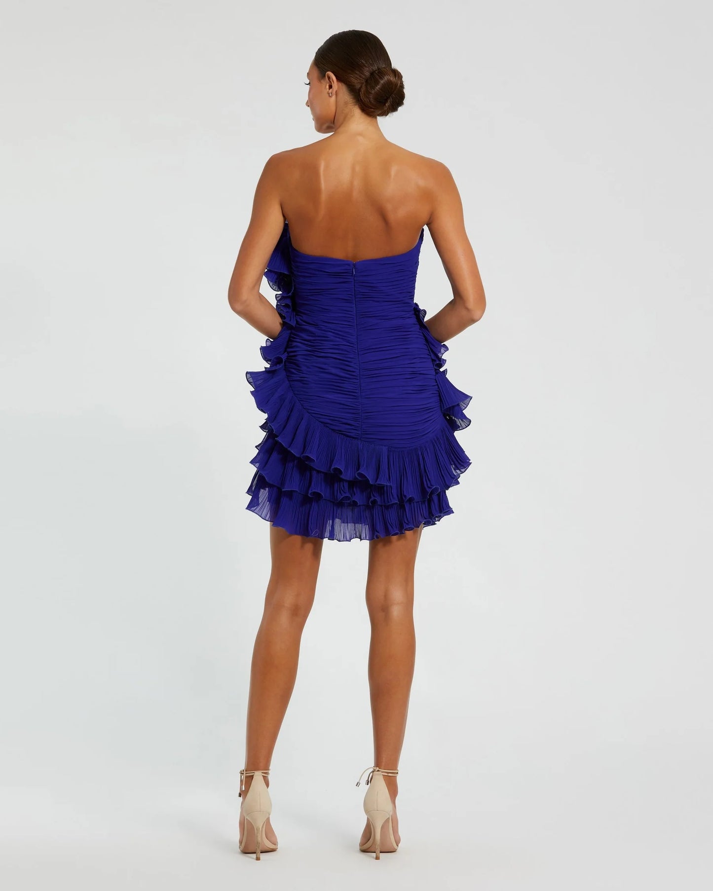 Mac Duggal 11766 Blue Strapless Pleated Chiffon Ruffle Mini Dress