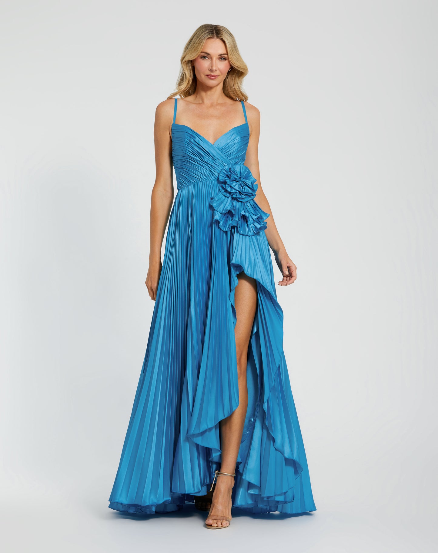 Mac Duggal 11802 Blue Pleated Sweetheart Neckline with Spaghetti Straps High Low Rosette Gown