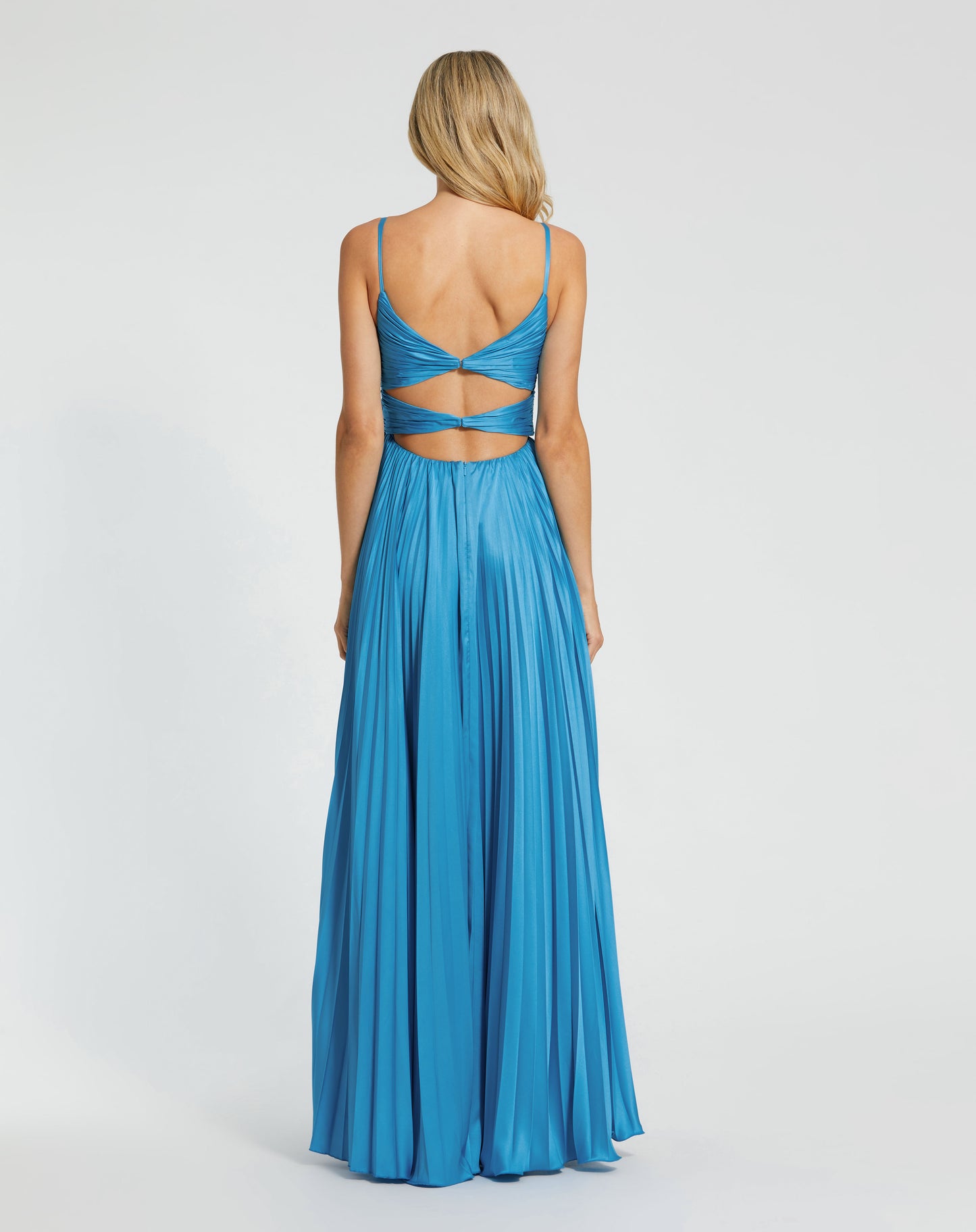 Mac Duggal 11802 Blue Pleated Sweetheart Neckline with Spaghetti Straps High Low Rosette Gown