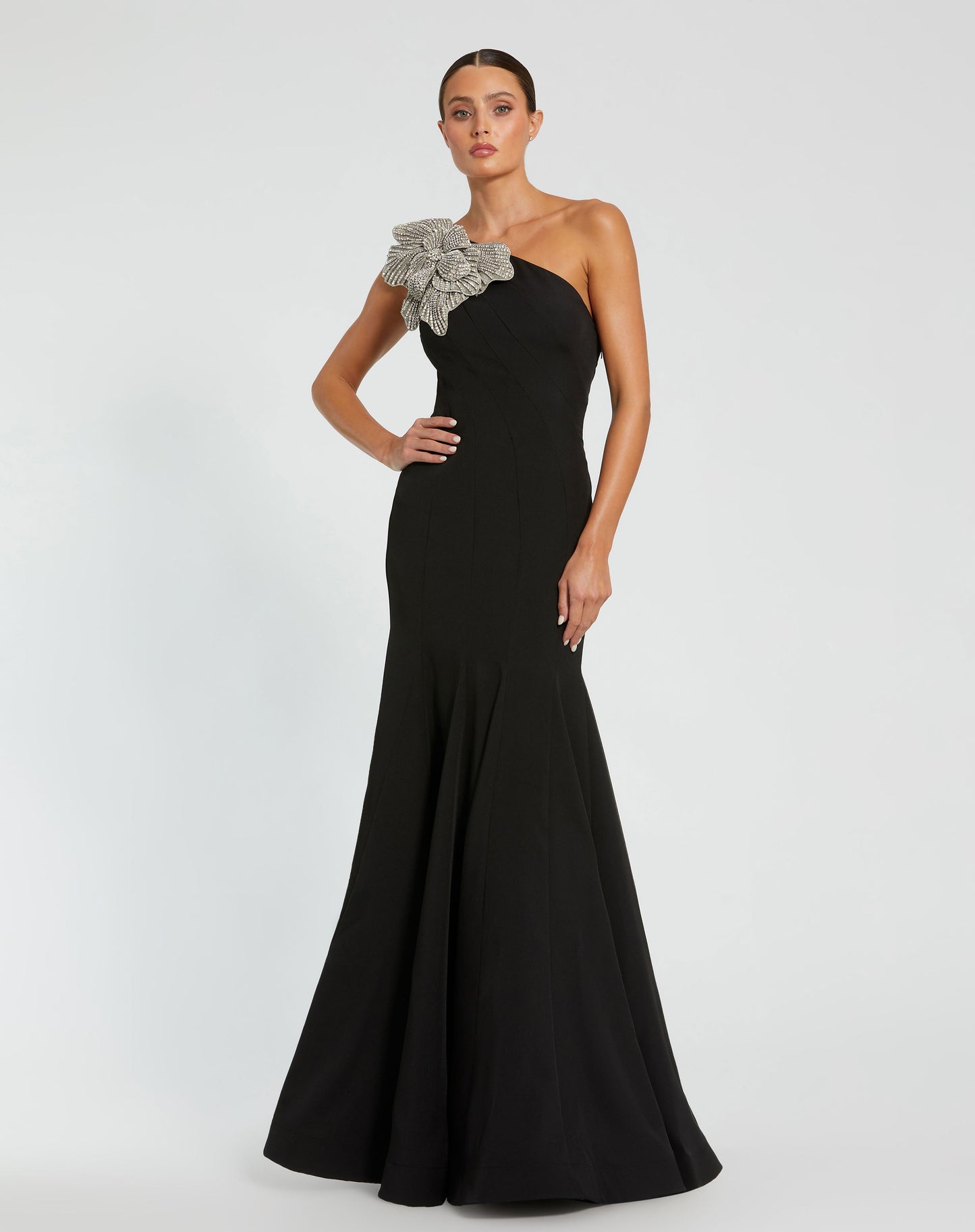 Mac Duggal 11810 Crepe One Shoulder Gown With Flower