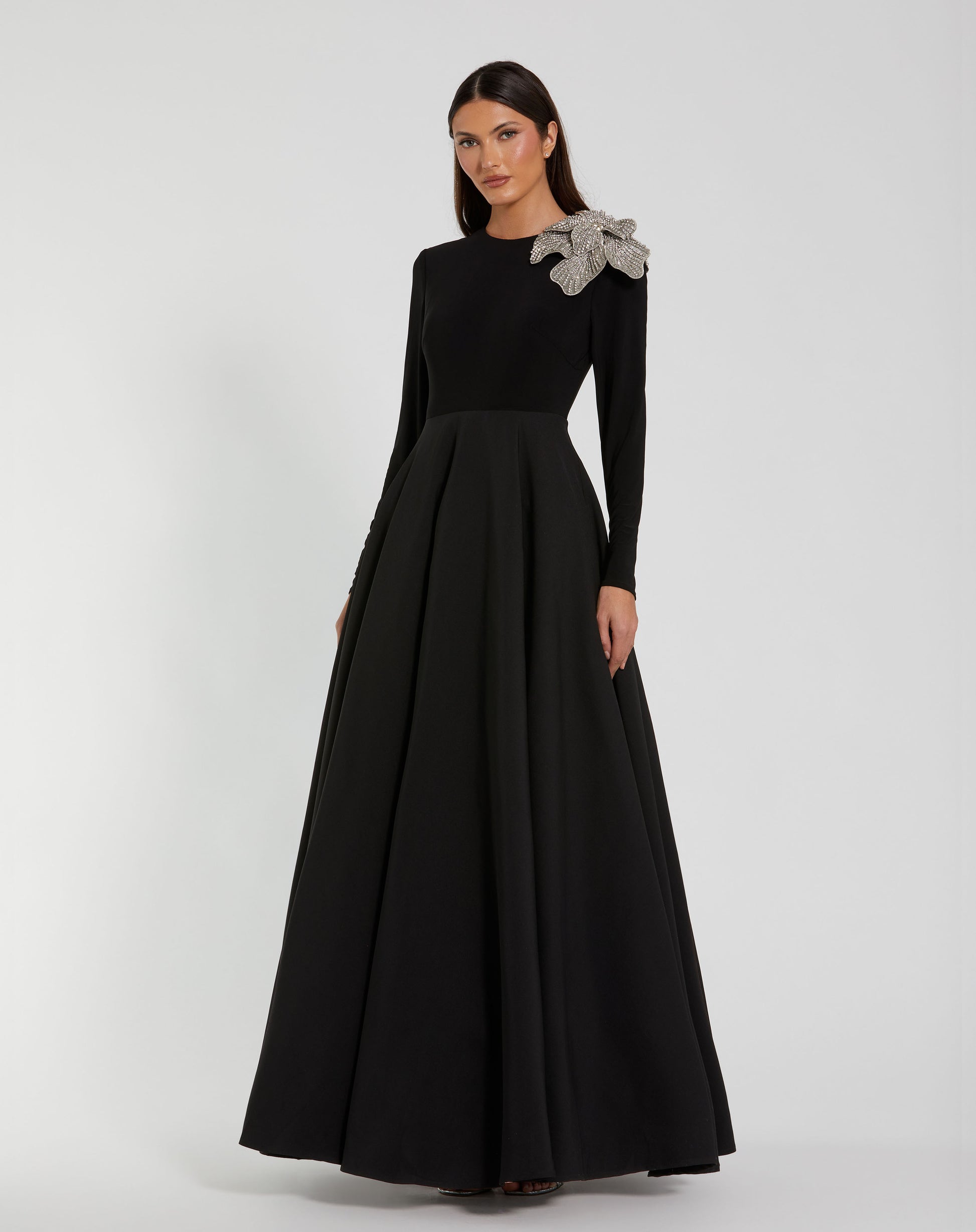 mac duggal long sleeve maxi dress Mac Duggal - Black Long Sleeve Taffeta Ball Gown With 3D Rhinestone Flower