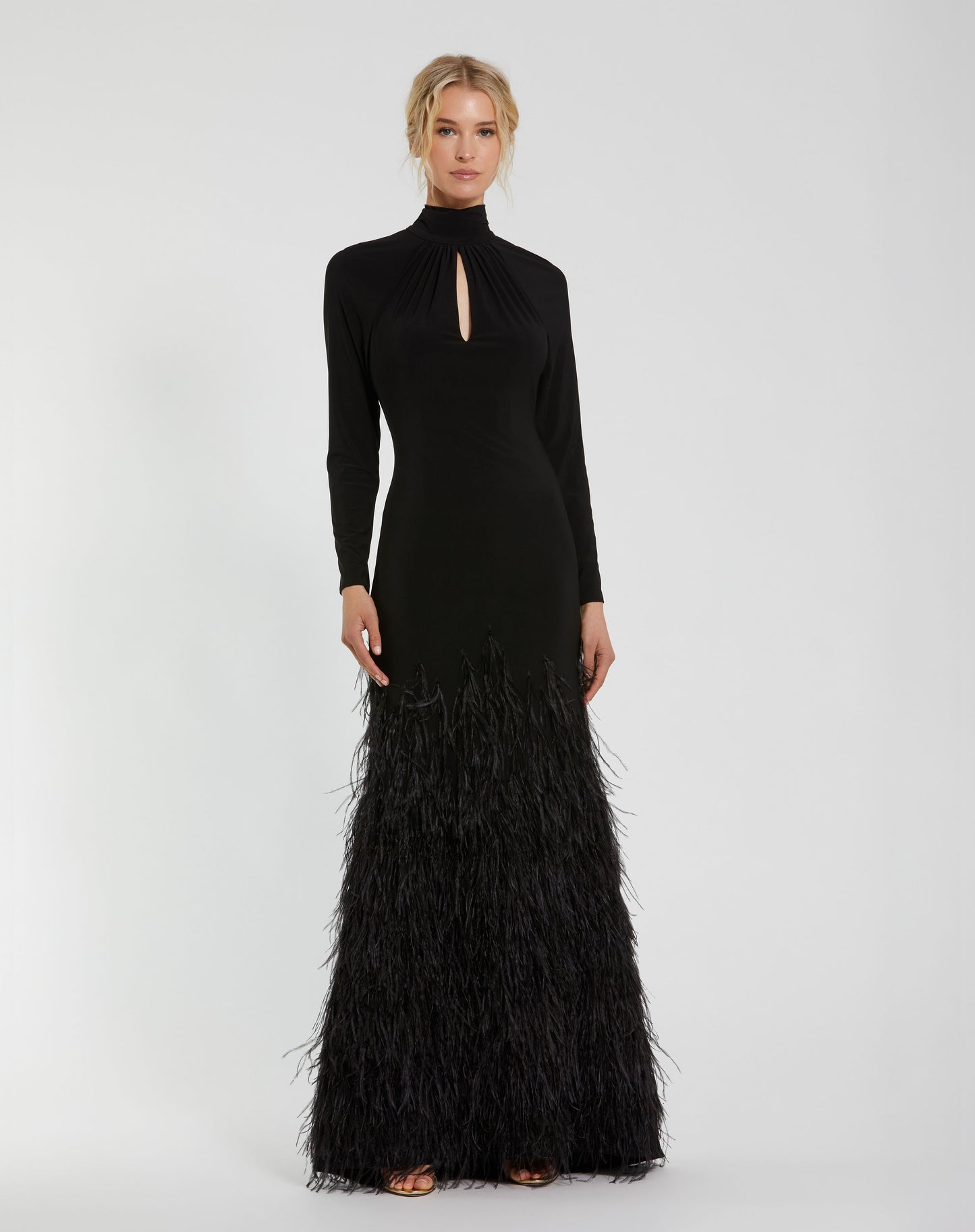 Mac Duggal 11839 Jersey Long Sleeve High Neck Feather Gown