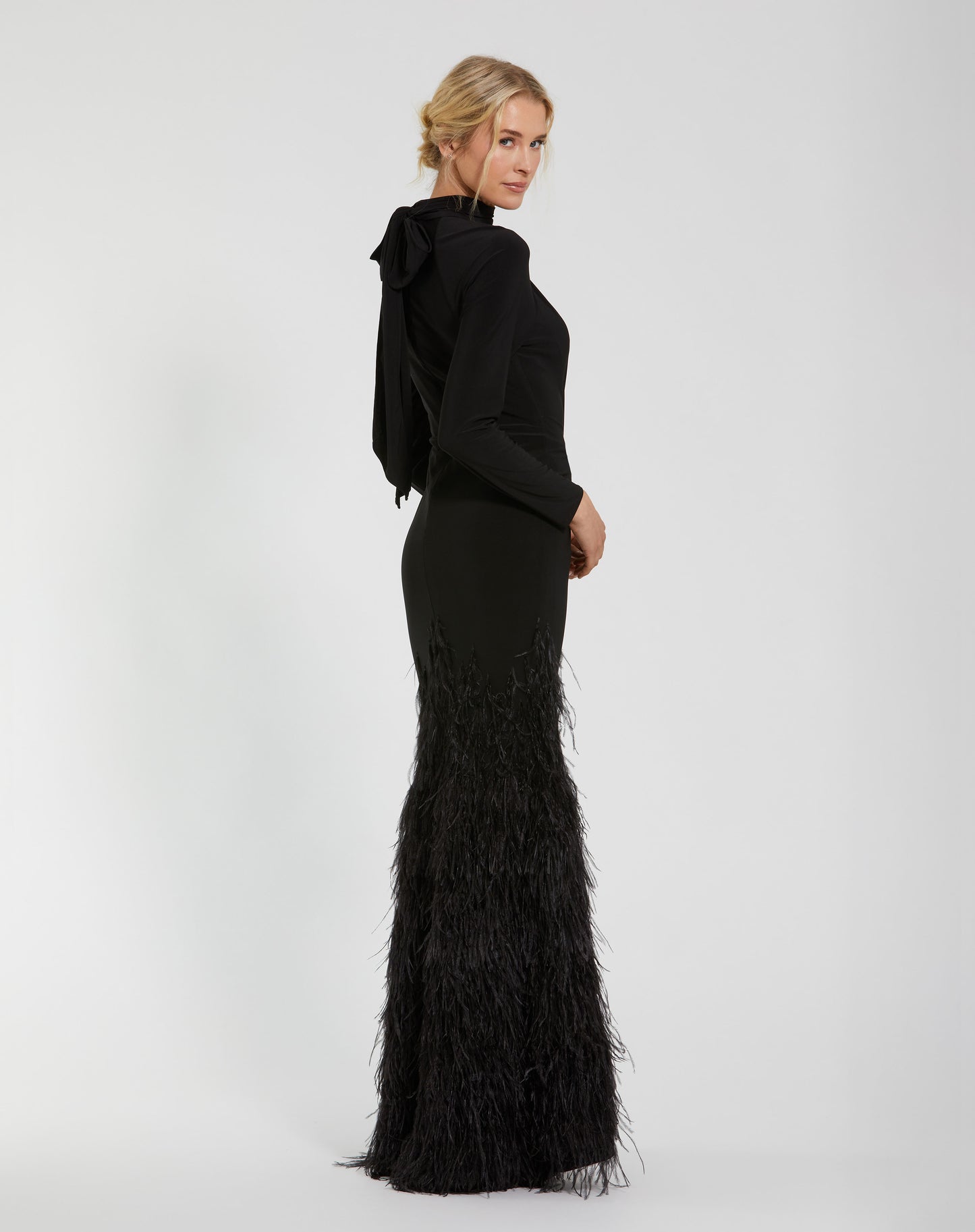 Mac Duggal 11839 Jersey Long Sleeve High Neck Feather Gown
