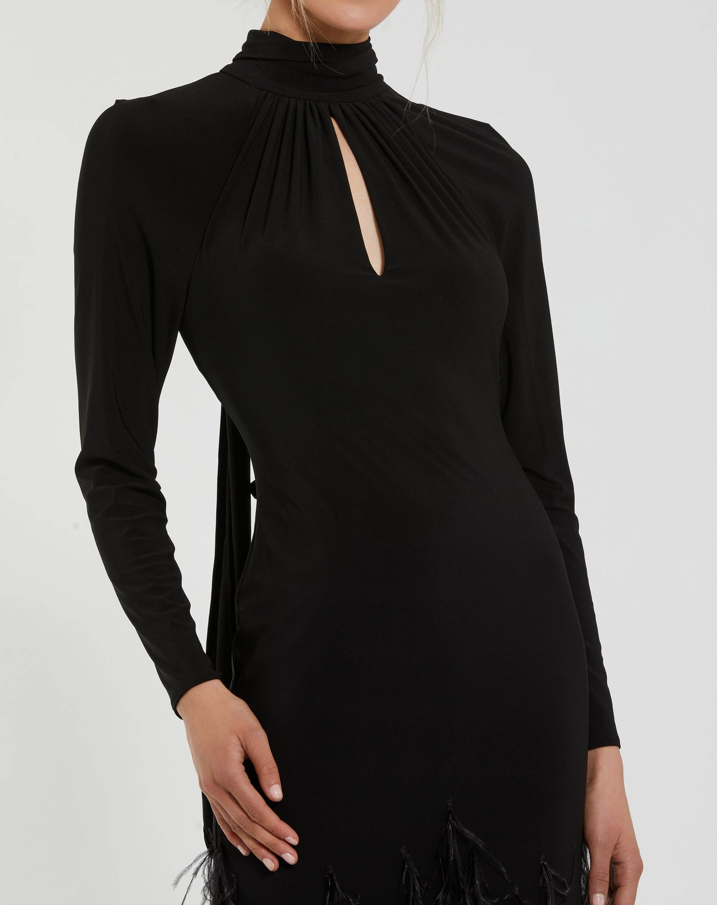 Mac Duggal 11839 Jersey Long Sleeve High Neck Feather Gown