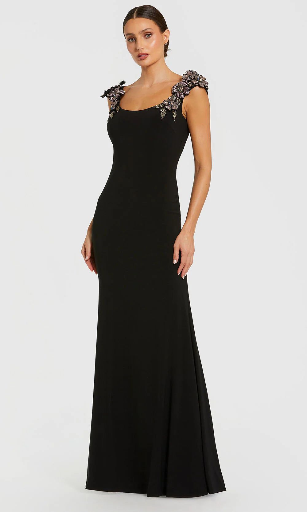 Mac Duggal 11842 Black Jersey Sleeveless Scoop Neck Gown with 3D Flower Details