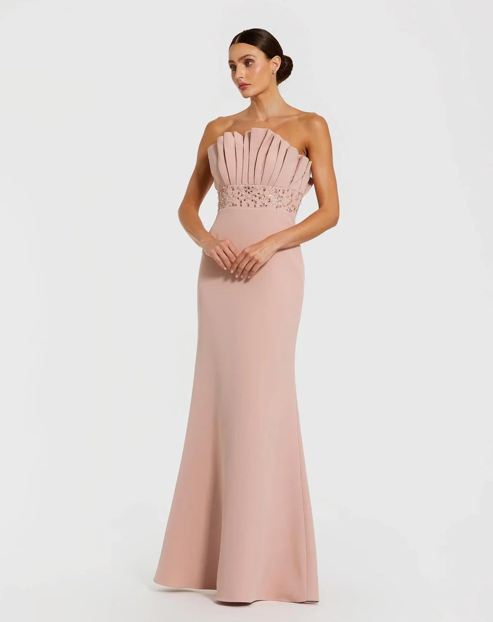 Mac Duggal 11848 Pink Strapless Crepe Gown With Hand-Applied Crystal Embellishments