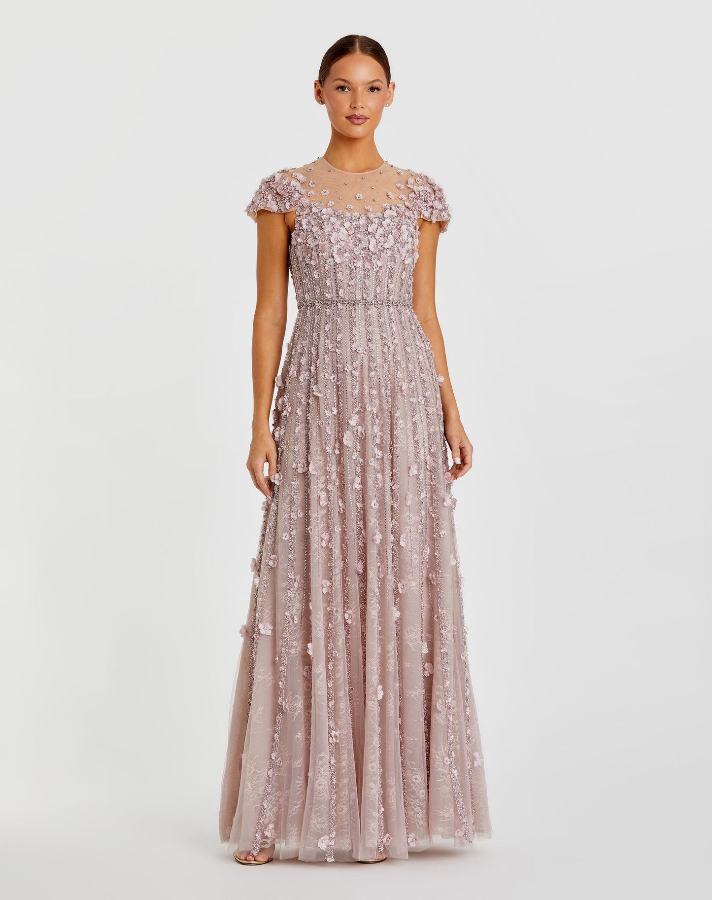 Mac Duggal 11866 Embellished Lace Cap Sleeve Illusion Neck Gown