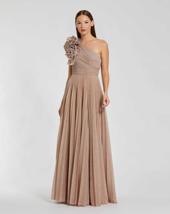 Mac Duggal 11879 Champagne Pleated One 3D Ruffled Shoulder Detail