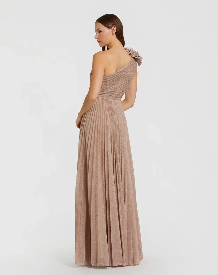 Mac Duggal 11879 Champagne Pleated One 3D Ruffled Shoulder Detail