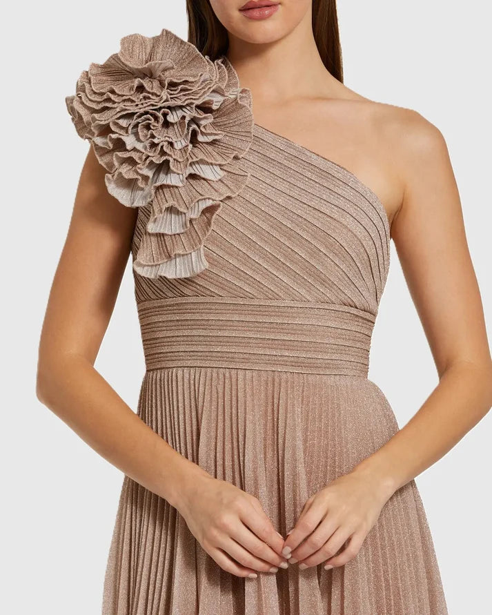 Mac Duggal 11879 Champagne Pleated One 3D Ruffled Shoulder Detail