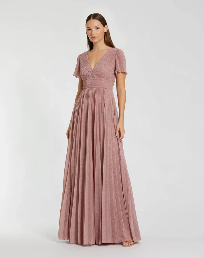 Mac Duggal 11881 Dusty Rose Pleated Metallic Short Flutter Sleeve V-Neckline A Line Gown
