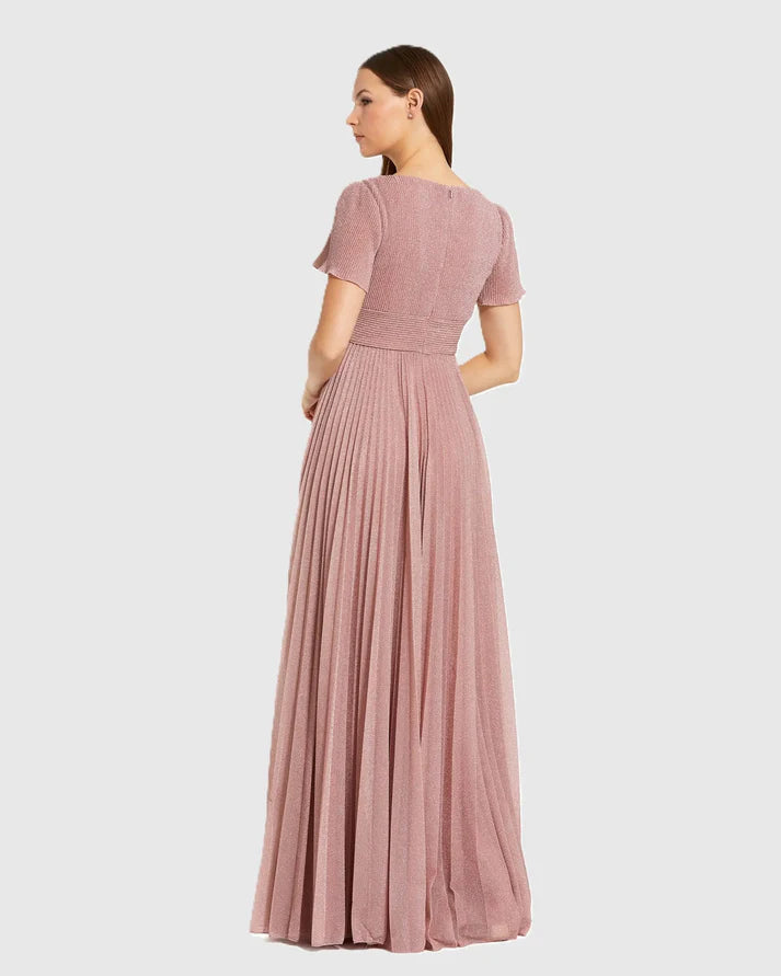 Mac Duggal 11881 Dusty Rose Pleated Metallic Short Flutter Sleeve V-Neckline A Line Gown
