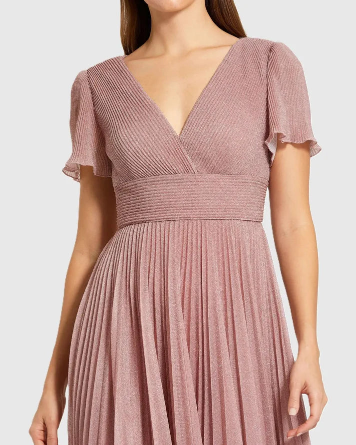 Mac Duggal 11881 Dusty Rose Pleated Metallic Short Flutter Sleeve V-Neckline A Line Gown