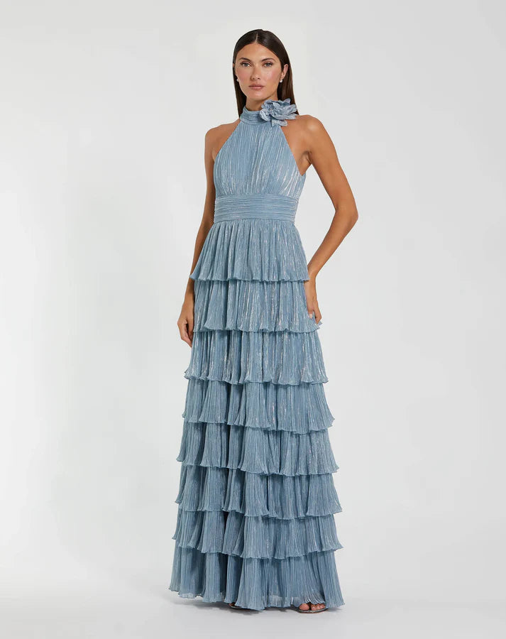 Mac Duggal 11882 Blue Metallic Halter Neckline with 3D Rosette Accent