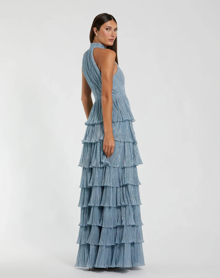 Mac Duggal 11882 Blue Metallic Halter Neckline with 3D Rosette Accent