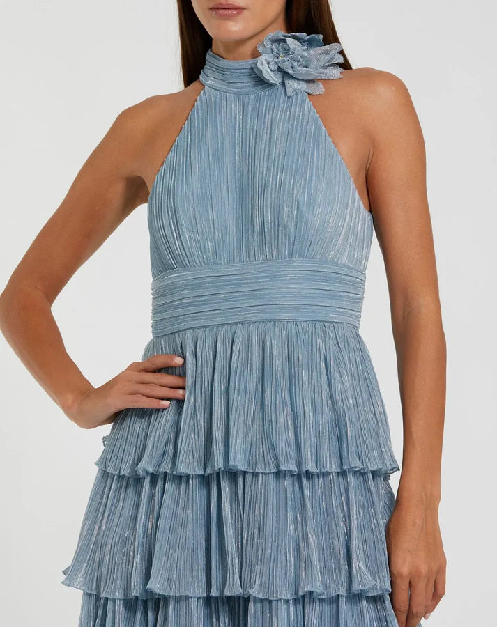 Mac Duggal 11882 Blue Metallic Halter Neckline with 3D Rosette Accent